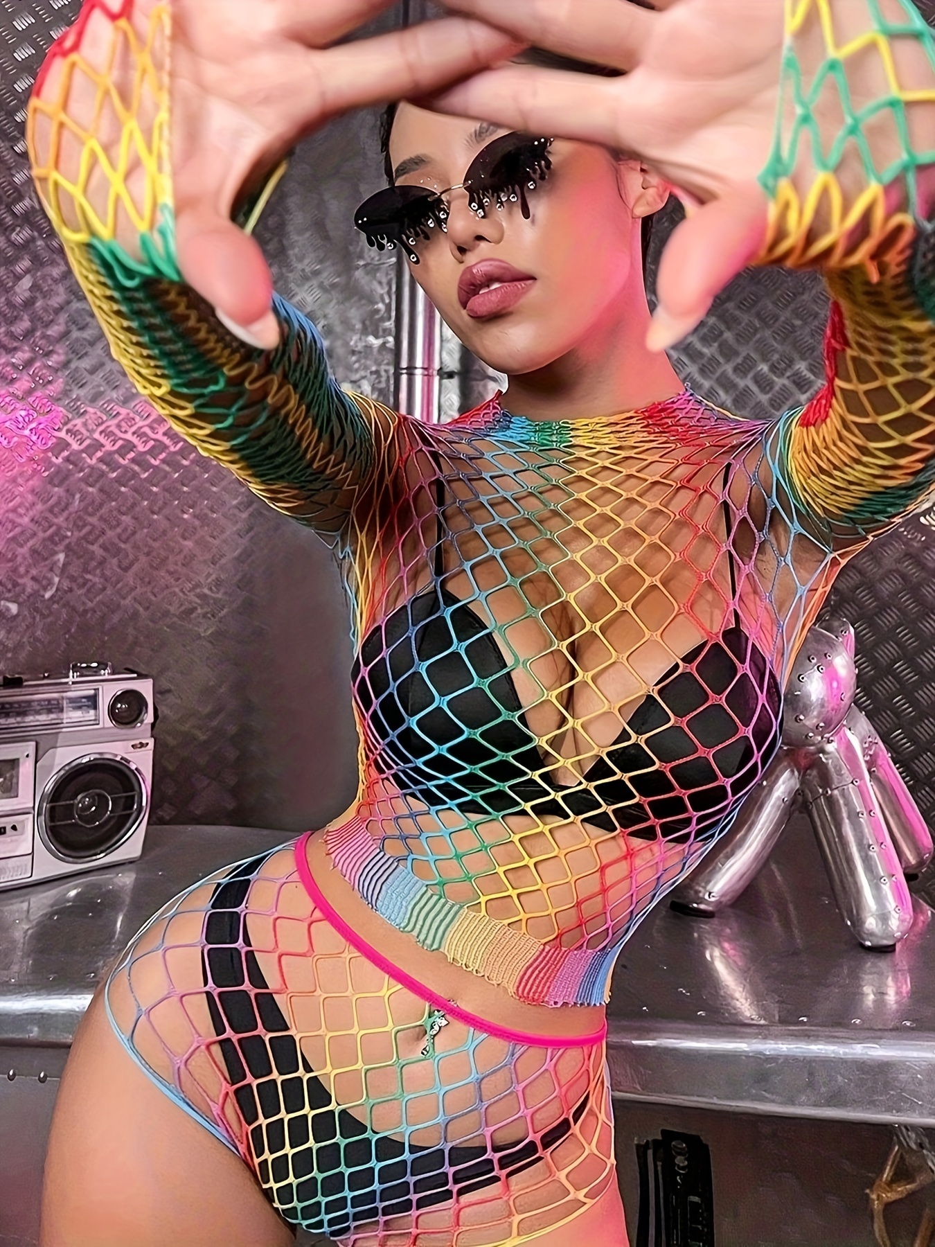 Women Cutout Fishnet Long Sleeve Rainbow Collection Sexy Lingerie Two  Pieces - The Little Connection