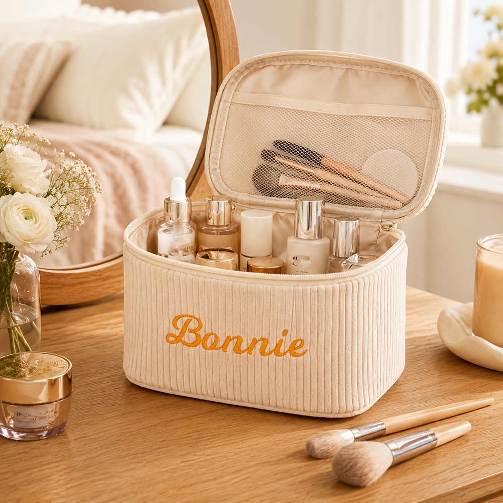 TEMU 1pc Embroidered Name Makeup Bag - Large Capacity Travel Cosmetic Organizer With Embroidery, Smooth Zipper Closure, Lightweight And Foldable,