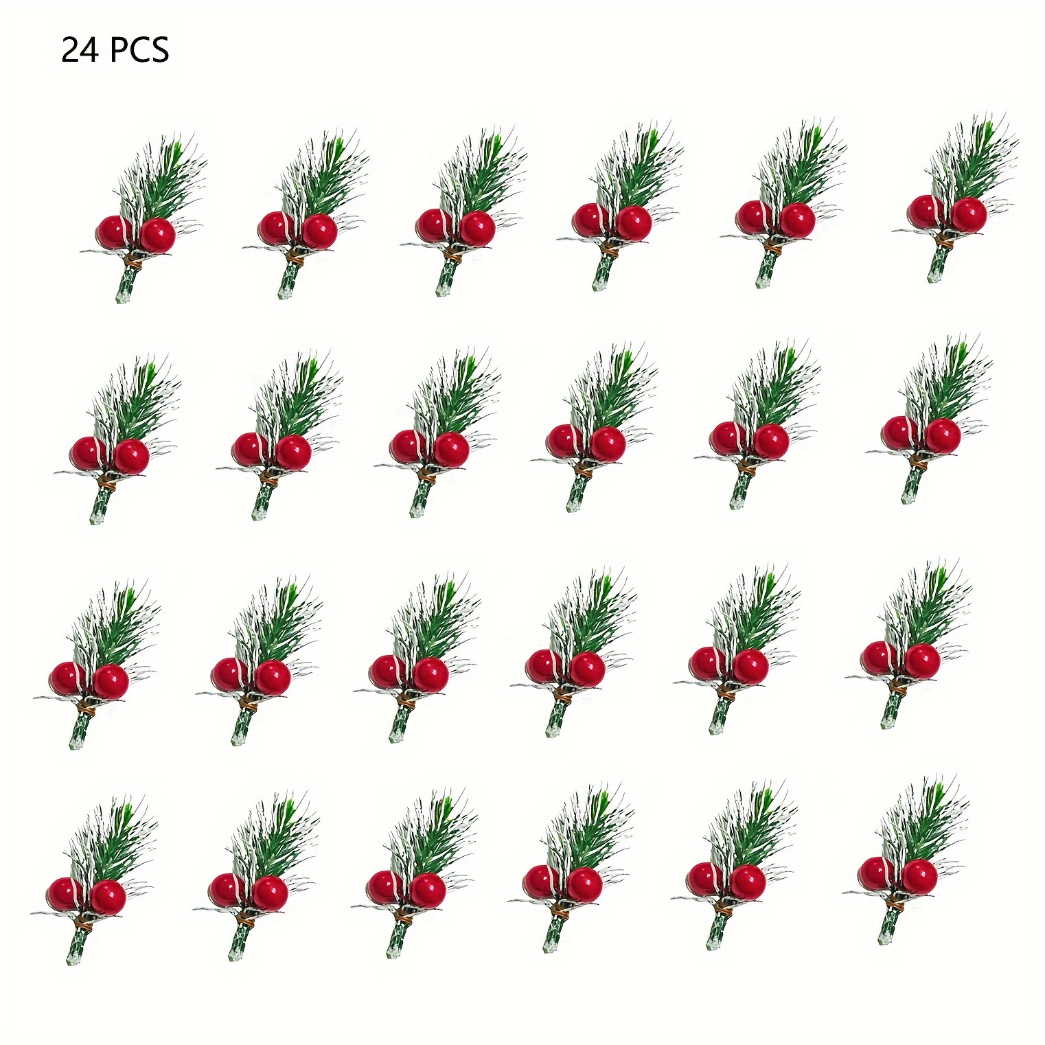 Image of 24pcs Of Christmas Decorations Featuring White Snowflakes, Pine Needles, And Red Berries, Including Berry Branches, Packaged As A Gift Box