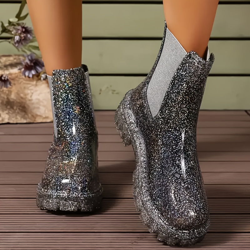 

Women's Glittery Mid-heel Ankle Boots, Casual Western Style, Round Toe, Slip-on Closure, , Fabric Lined, Upper - Solid Boots For Winter