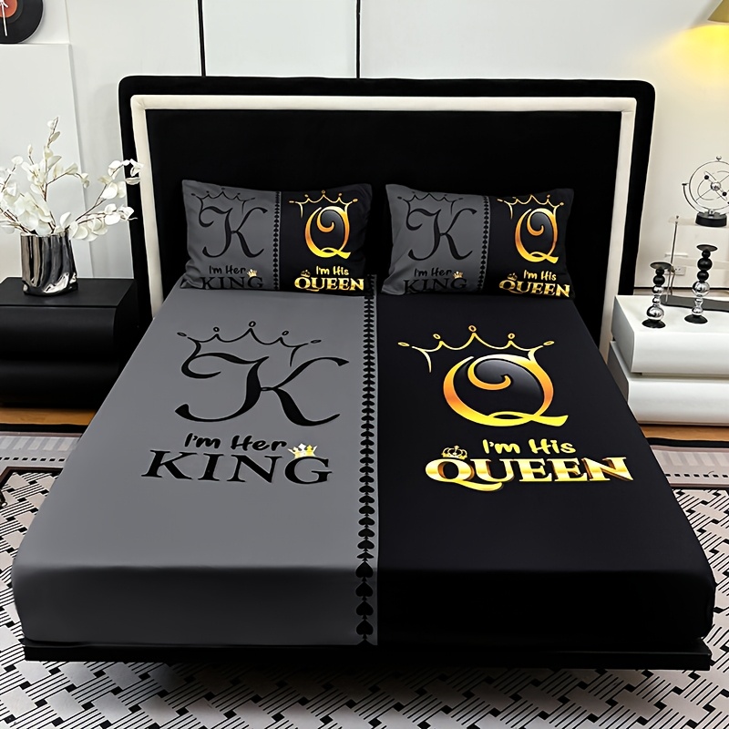 TEMU 3pcs Super Soft Breathable Black Grey Color Blocking Crown Letter Bed Sheet(1pc Bed Sheet+2pcs Pillowcase No Filling), Deep Pocket In 15 Inch