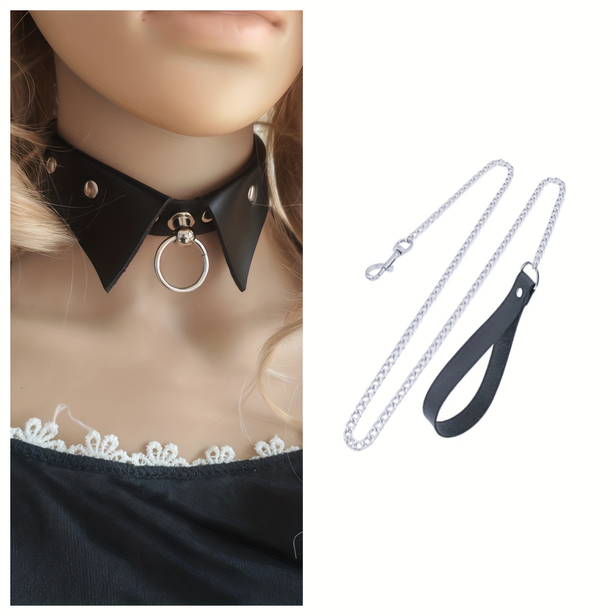 Adjustable Gothic Punk PU Leather Choker Collar with Leash Set Fashionable Necklace Party Accessory Leather Neckband with Metal Chain