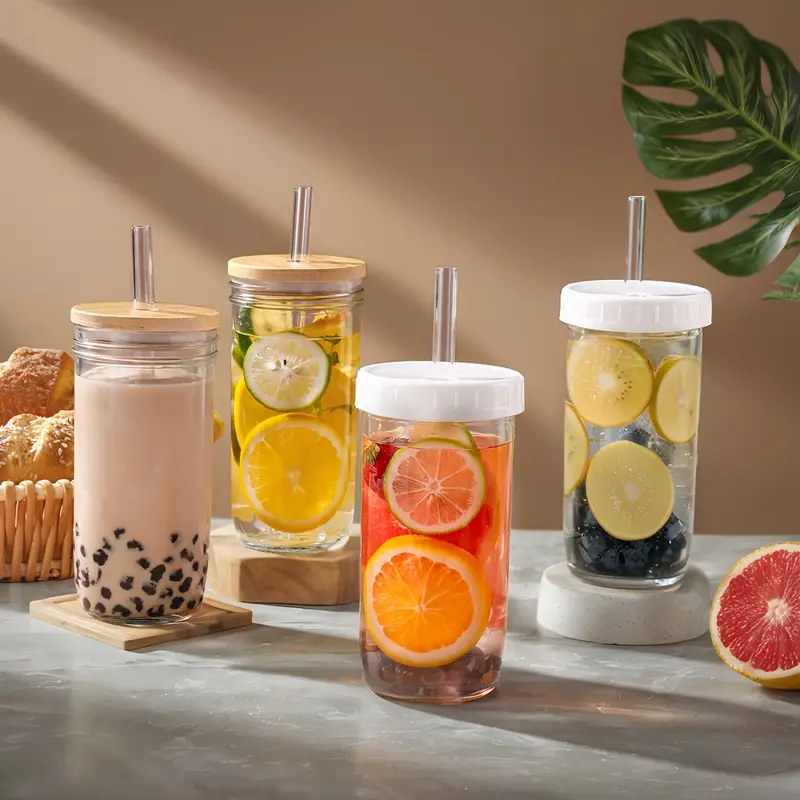 4pcs 8pcs glass mug transparent drinking mug with lid and straw with straw brush for milkshake juice milk tea household glasses thermal insulation and cooling drink container Product details 5