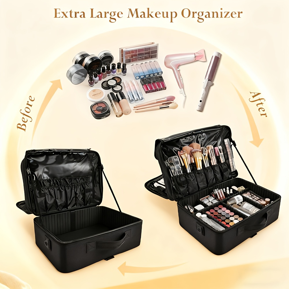Makeup Case Professional Train Case Large Makeup Bag, Travel Cosmetic Organizer Brush Holder Makeup Artist Storage Box, for Cosmetics Makeup Brushes Toiletry Jewelry Digital Accessories, 15.8 Inches, with Adjustable Dividers and Shoulder Strap 2 Makeup Case Professional Train Case Large Makeup Bag, Travel Cosmetic Organizer Brush Holder Makeup Artist Storage Box, for Cosmetics Makeup Brushes Toiletry Jewelry Digital Accessories, 15.8 Inches, with Adjustable Dividers and Shoulder Strap - Image 2