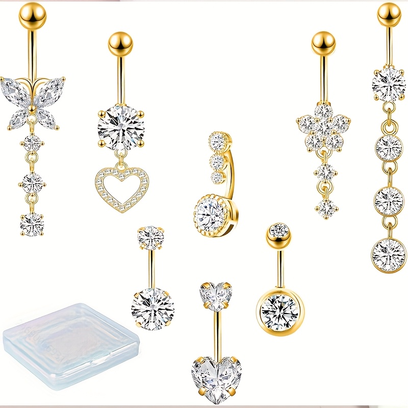 TEMU 8pcs Dangle Belly Button Rings Button Piercing Set Surgical Steel Piercing Jewelry Heart Flower Belly Rings For Women Daily Sexy Wear Party Gift For Friend Packing With Box