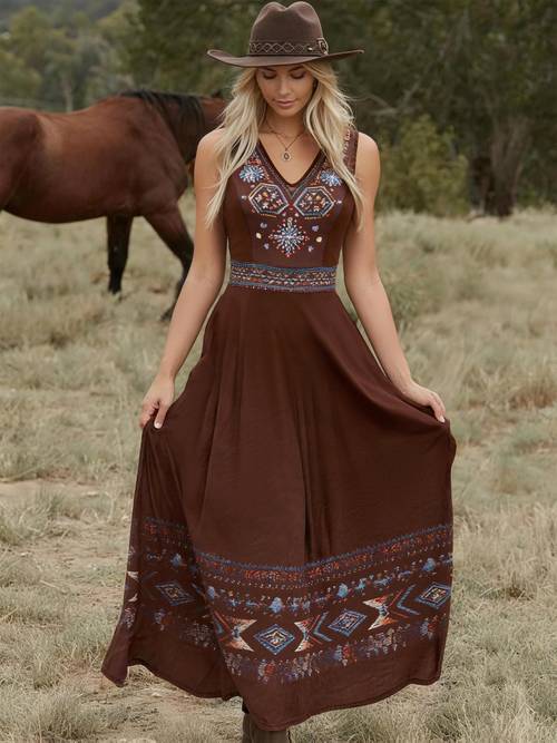 womens retro western style geometric pattern casual sleeveless v neck dress vintage peplum design