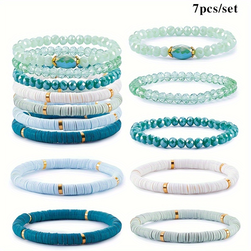 

7pc Boho Style Soft Clay Beads Beaded Bracelet Set Stretch Elastic Stackable Hand String Jewelry Set