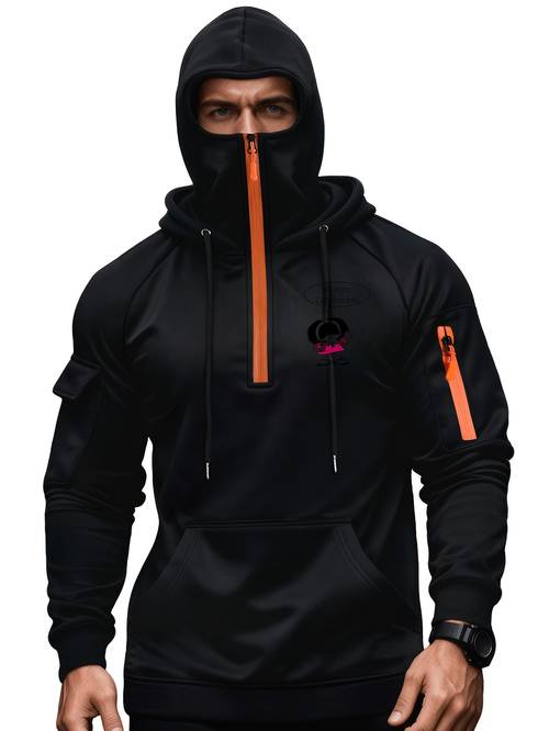gender neutral hooded half zip pullover jacket featuring a mask and designed to be windproof and fleece lined for outdoor activities like skiing snowboarding and other cold weather sports with a fashionable look