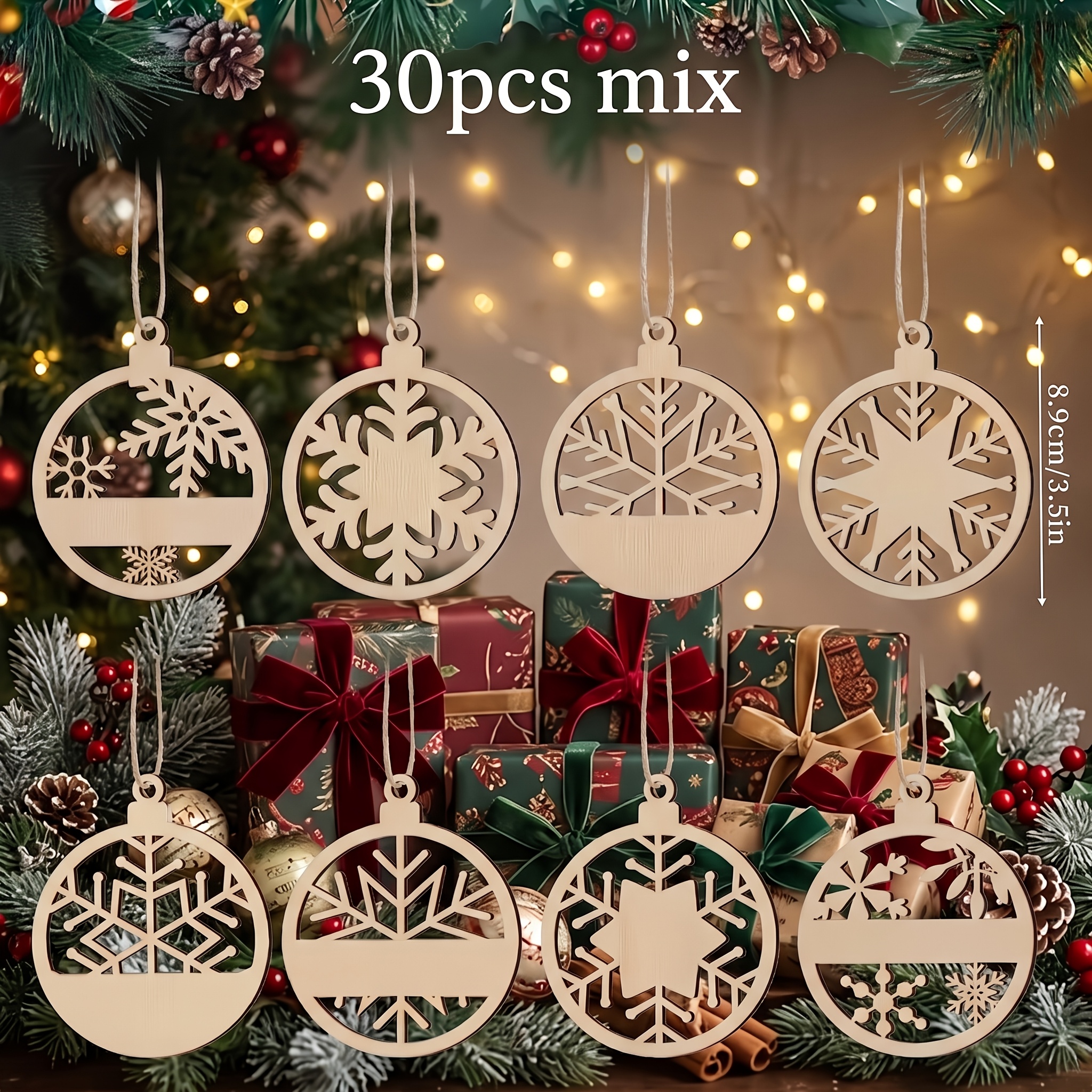 TEMU 30pcs Snowflake Bell Decoration Set, Including 30pcs Wooden Additions And Hanging Cords - Artificial Craft, Suitable For Christmas, Weddings,