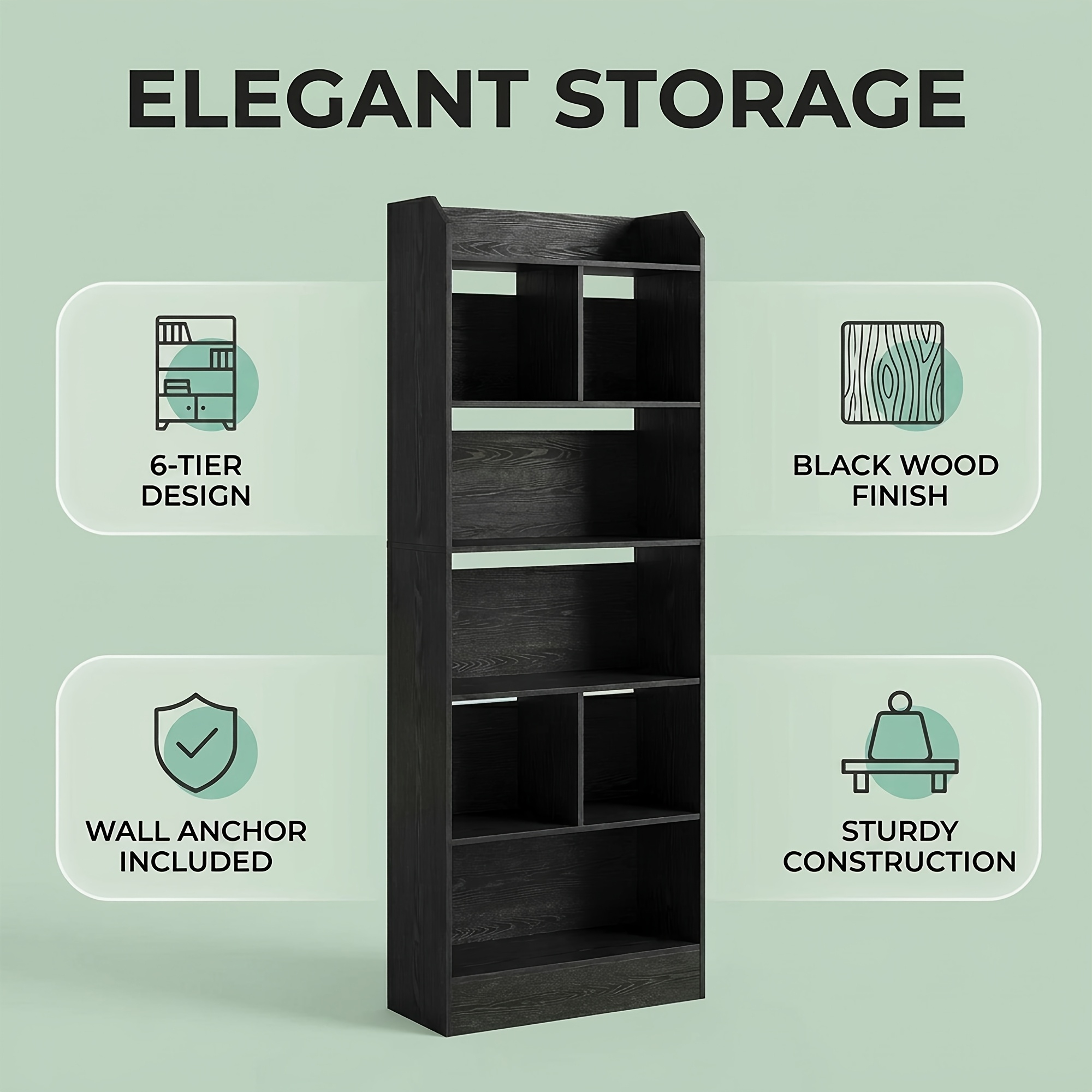 Image of Hexcelen Six-shelf Bookcase, Slim Bookshelf, Made From Thickened Board, With Anti-tip Design, For Bedrooms, Studies And Offices; Adjustable Storage Unit