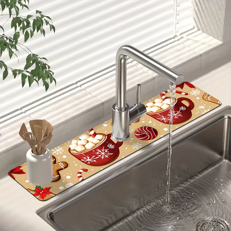 TEMU Christmas Theme Dish Drying Mats - 1pc Polyester Kitchen Sink Faucet Mat With Tea & , Moisture-resistant Drain Pad, Durable For Kitchen & Bathroom Use, Festive Decor & Gift Idea