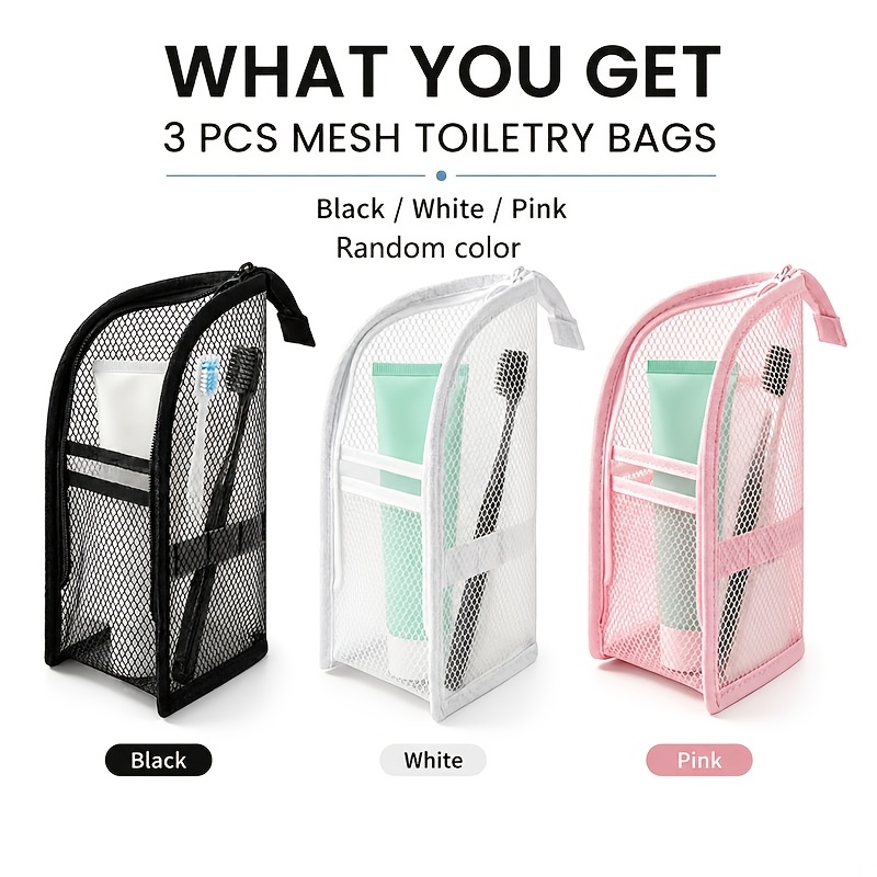 TEMU 3-pack Portable Mesh Toiletry Bags In Random Colors, Small Travel Toothbrush Storage Bags, Multi-functional Makeup Brush Organizer, Cosmetic