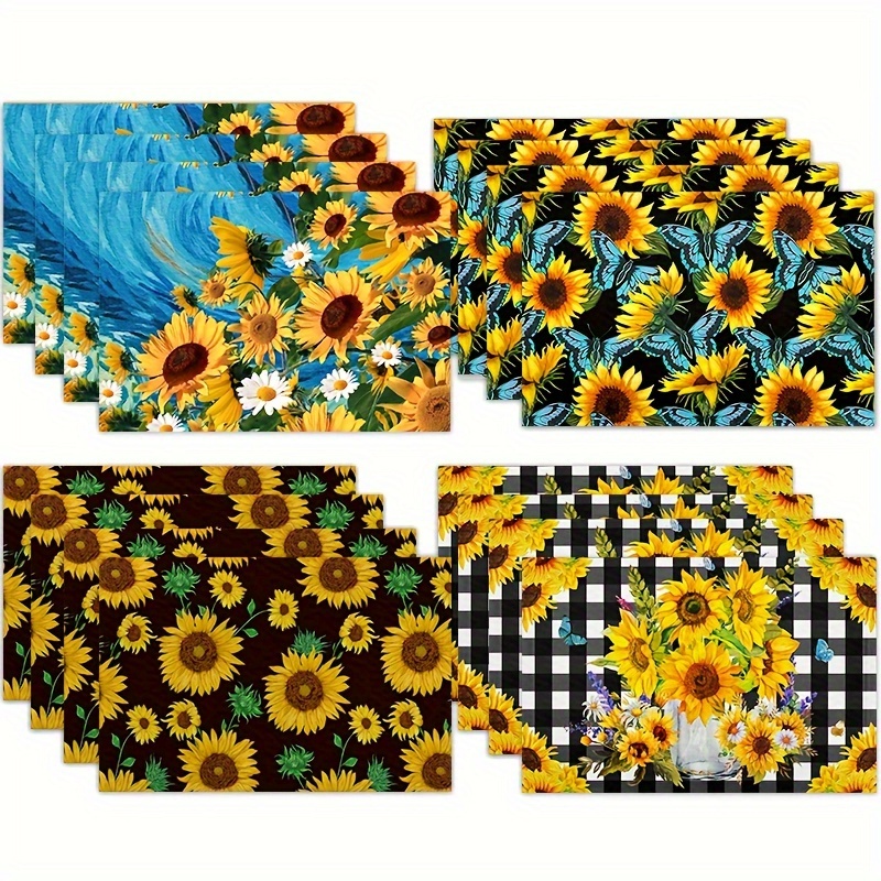

4pcs, Table Pads, Sunflower Placemats Set, Polyester Sunflowers Buffalo Plaid Pattern Table Mats, Spring Flower Design, Festive Dining Decor For Home And Party