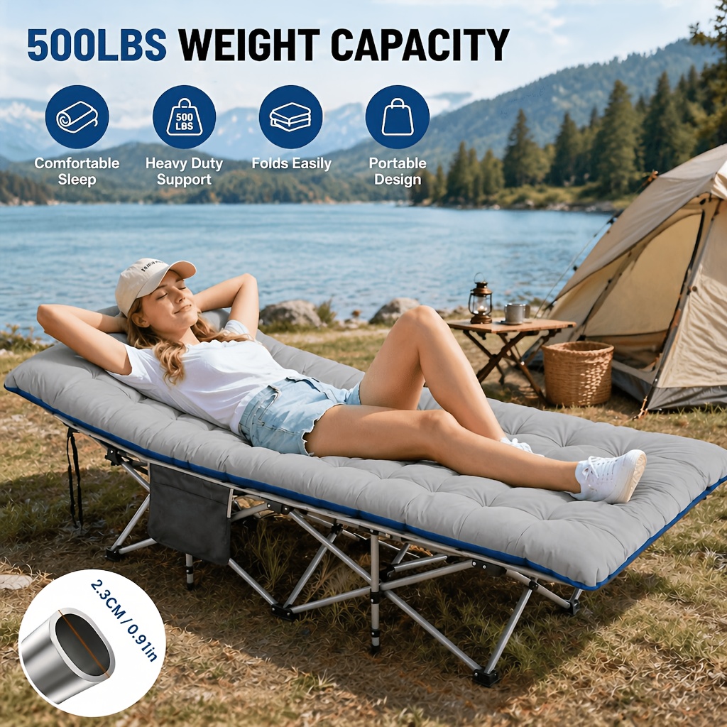 TEMU Outdoor Portable Folding Bed, Heavy-duty Travel Bed With Thick Mattress, Sturdy And Lightweight Frame, Portable And Easy To Assemble, Suitable