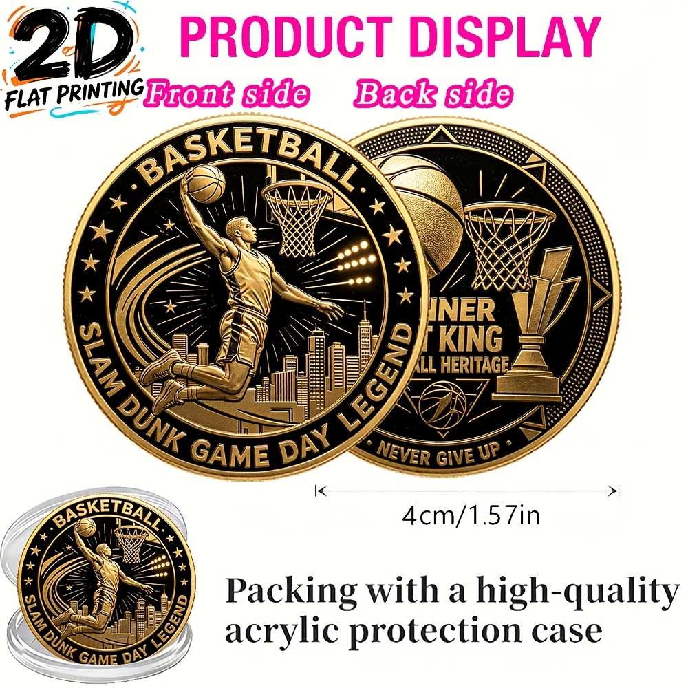 TEMU 1pc, 2d, Dunk Theme Commemorative Coin, To Basketball Fans, Meaning Daring To Challenge, Full Effort, Never Giving Up. Suitable For Team , Event