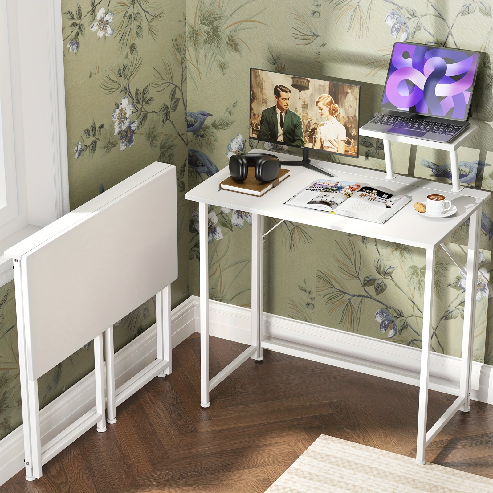 Folding Desk, Folding Computer Desk With Monitor Stand, Foldable Small Desk Space-, Folding Desk For Home And Office, Folding Desk White, 80x45x75cm