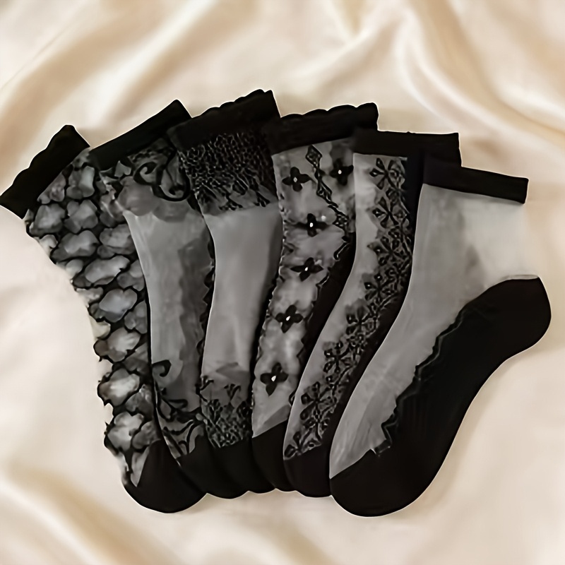 E-shop Zufällige 5 Paar Spitzen Nude Spitzenbesatz Strapazierfähige Atmungsaktive Socken Unterseite Kristall Mittelwaden Anti-Rutsch Mesh Oberfläche
