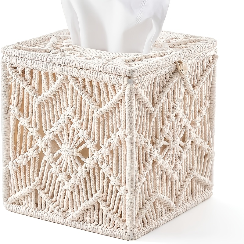 Image of Tissue Box Cover Macrame Square Open-bottom Tissue Box Holder Boho Decor Tissue Organizer Bohemian Handmade Woven Tissue Cube Box For Bathroom Bedroom Dresser Living Room Office Dorm, Ivory