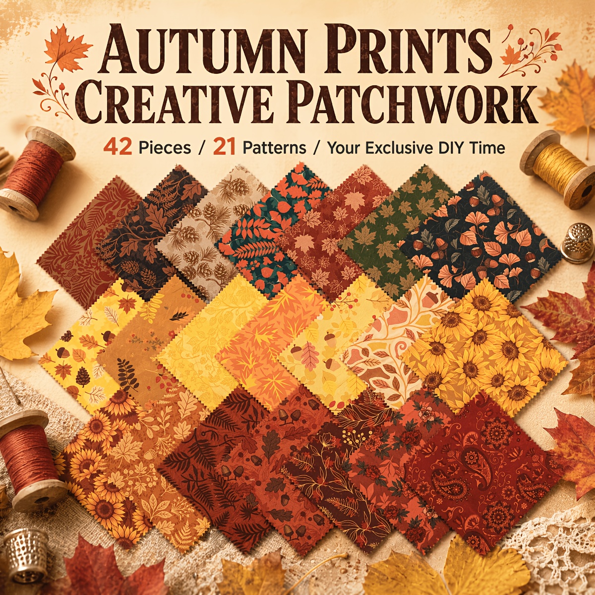 TEMU 42pcs Autumn Style Pre-cut Premium Fabric Squares, 5x5 Inches, Leaf Prints Clear And Vibrant, 21 Unique Patterns (including , Pine Cones, ,