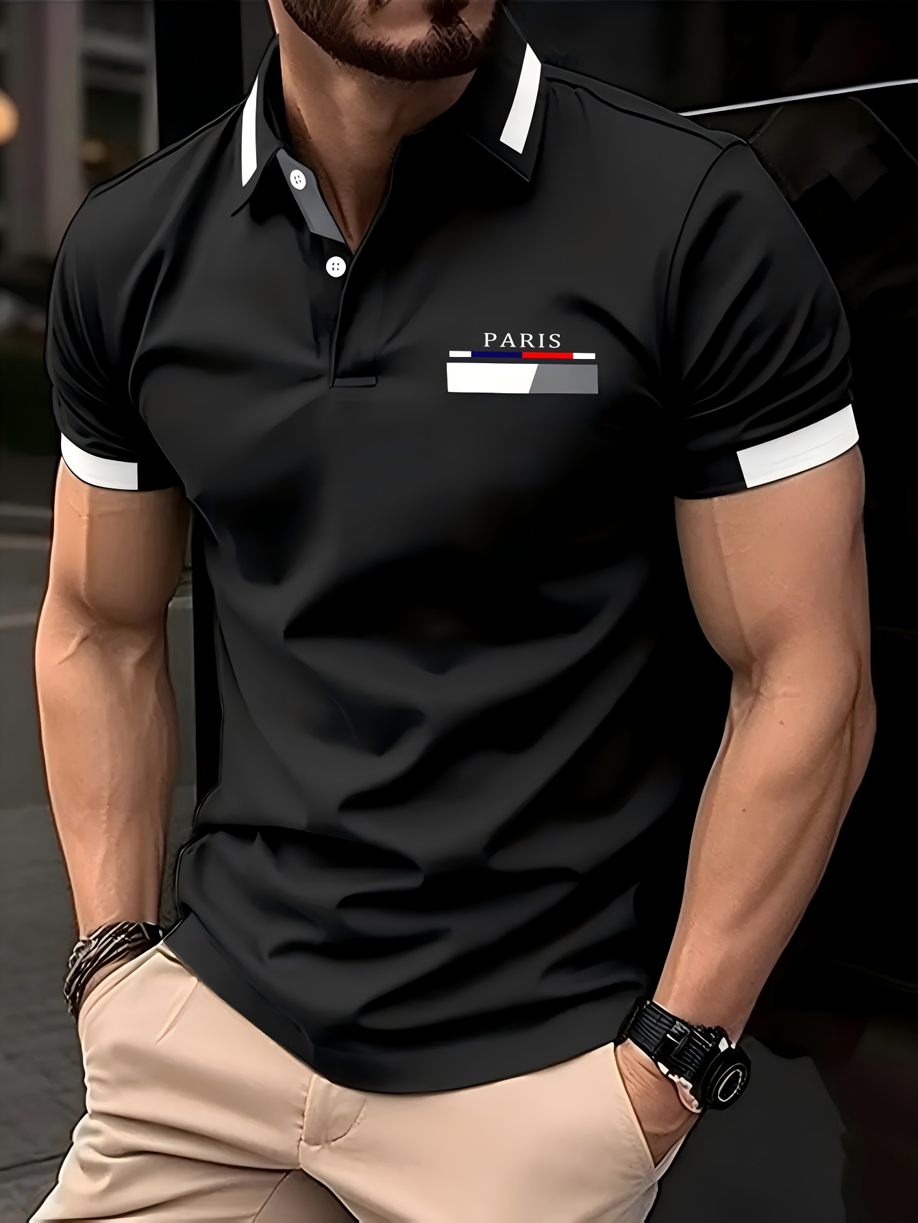 RED SPY Men's Summer Fashion Shirt - Casual Short Sleeve, Button-Up with Parisian Icon Print, 100% Polyester, 180g/m?, Machine Washable, in Vibrant Pink with Black & Red Contrast Collar