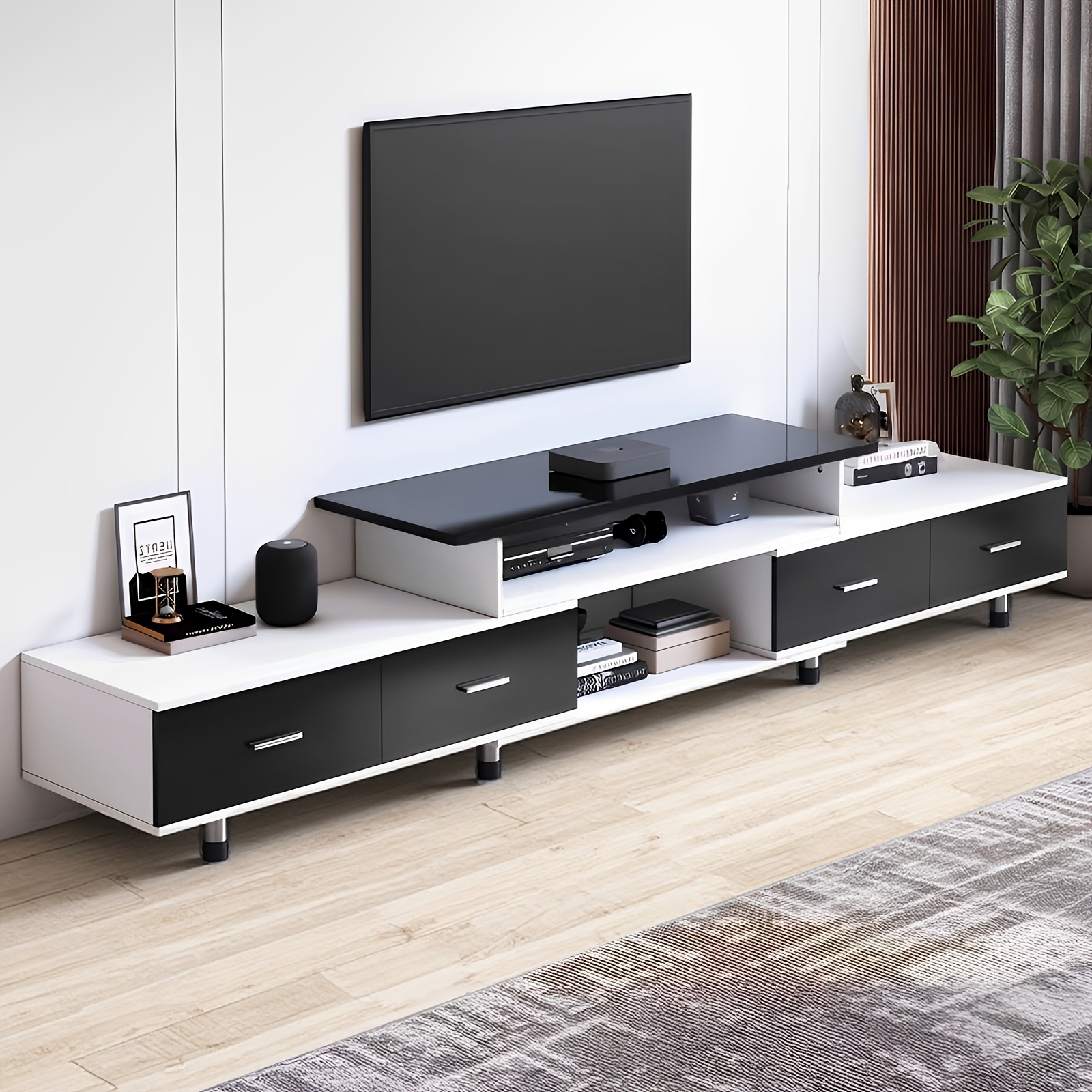 Image of Expandable Tv Stand Measuring 120-170 Cm, Featuring 4 Drawers, A 3-tier Shelf, And Adjustable Legs, A Stylish And Functional Low Cabinet For The Living Room, In Black And White