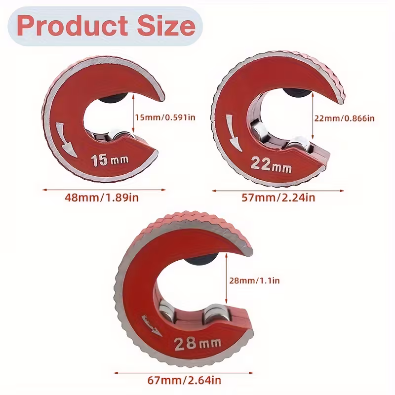 three size 15mm 22mm 28mm self locking round pipe cutter ratchet design for effortless operation removable cuts copper aluminum brass pvc pipes durable construction professional plumbers plumbing projects details 1