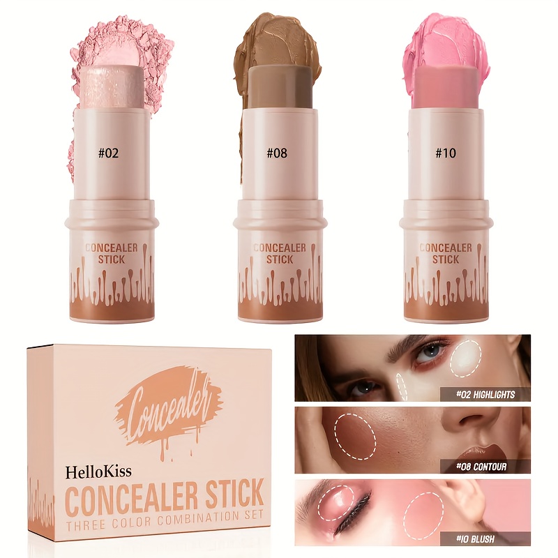 TEMU 3-piece Cream Contour Kit With Blush, Highlighter And Bronzer Sticks - Waterproof, Non-greasy, Long-lasting Neutral Shades For All Light Beige Tones, Making It An Ideal Easter Makeup Gift
