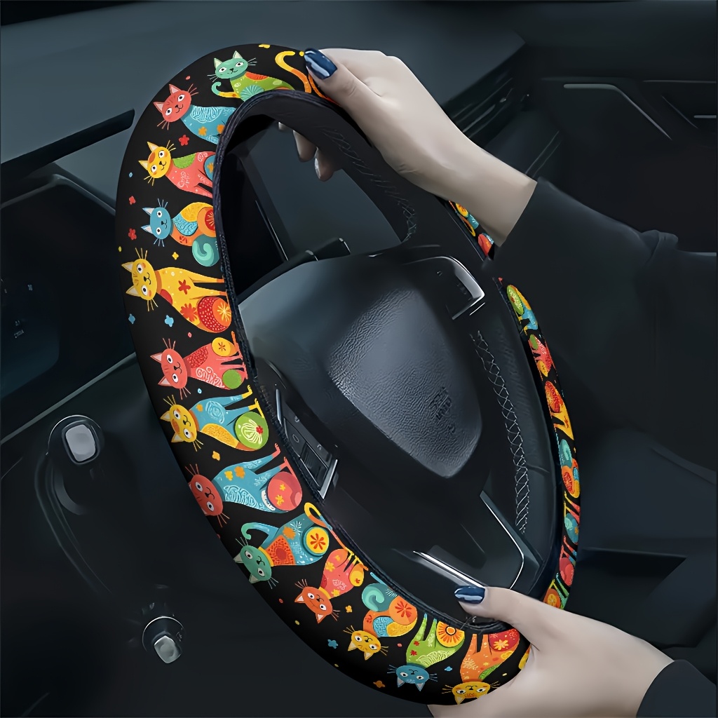TEMU 1pc Colorful Cats Sitting In A Row Car Steering Wheel Cover, Soft And Breathable To The Touch, Reduces Hand Fatigue, Suitable For , A Accessory,