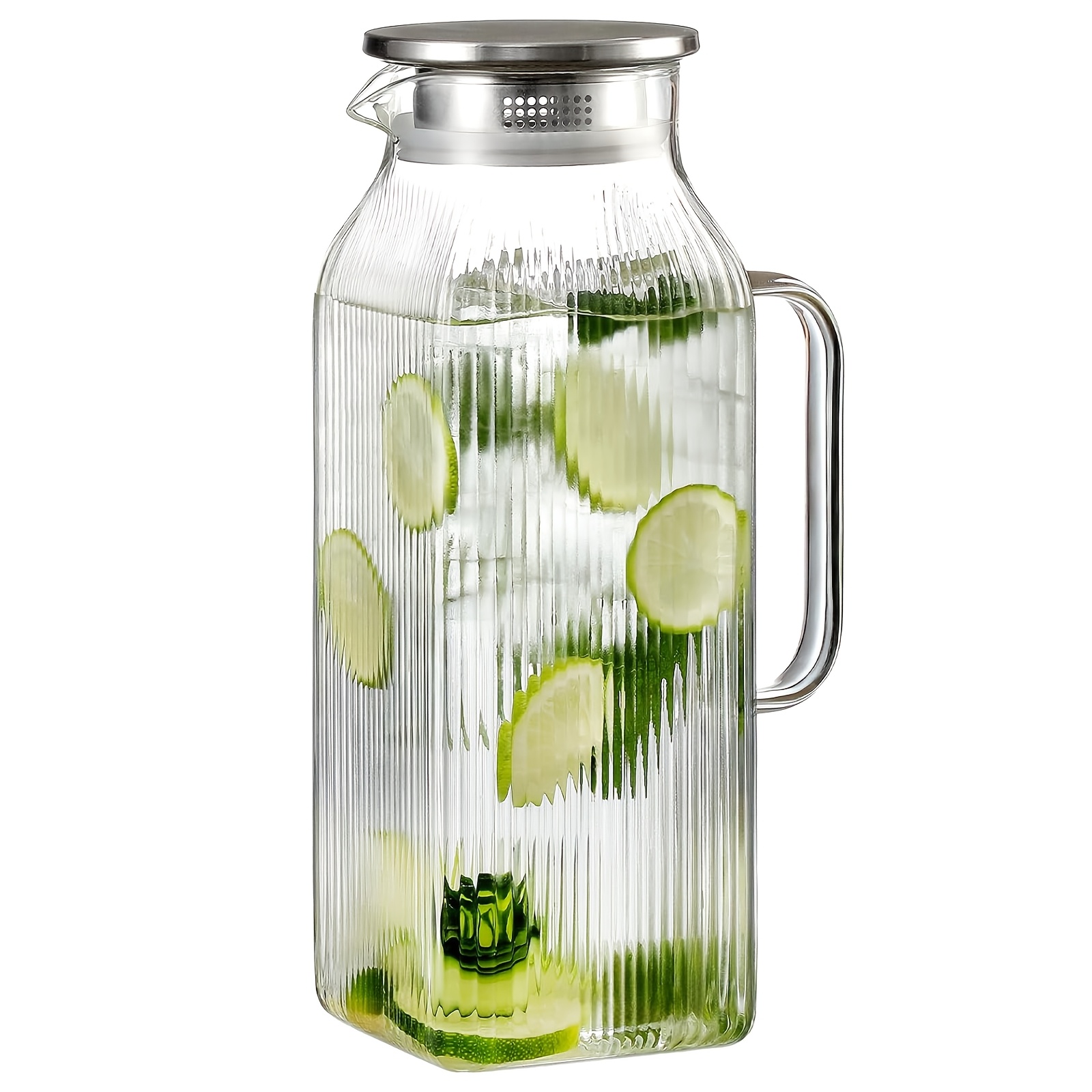 TEMU Jarra de vidrio con y asa, 68 oz / 2 L, jarra de agua fría con rayas verticales, garrafa de vidrio para refrigerador, jarra de vidrio soplado a