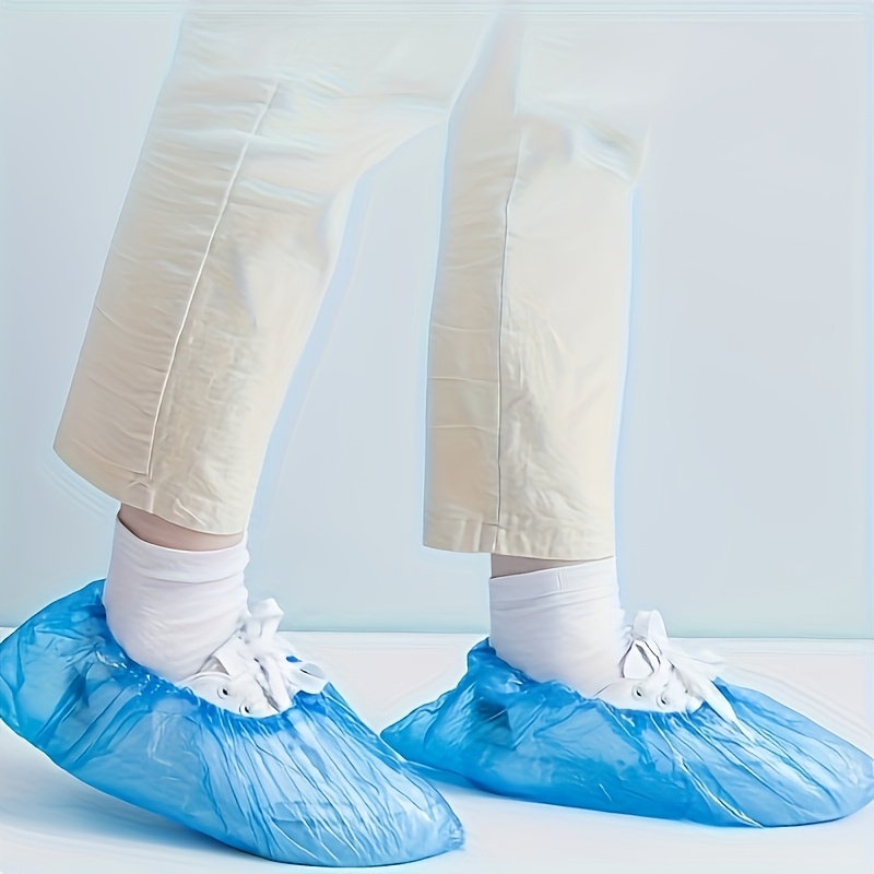 Image of 100pcs Of Blue Disposable Shoe Covers Made Of Durable Plastic With Elastic Opening Design, Suitable For Occasions Such As Hospitals, Hotels, Offices, And Homes