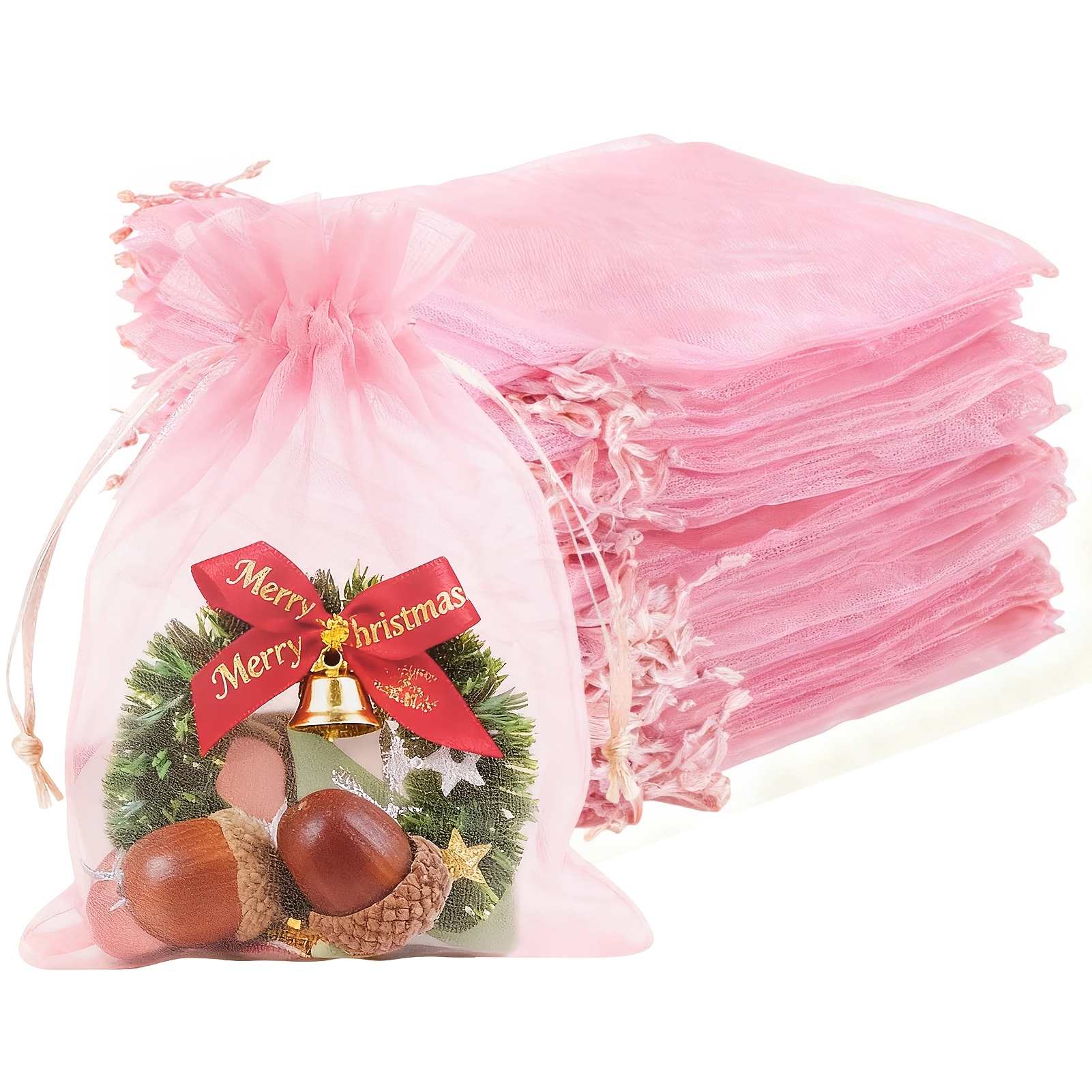TEMU Elegant 110pcs Golden & Pink Organza Drawstring - Transparent Jewelry Gift Pouches For Weddings, Parties, Valentine Day & Christmas Favors,