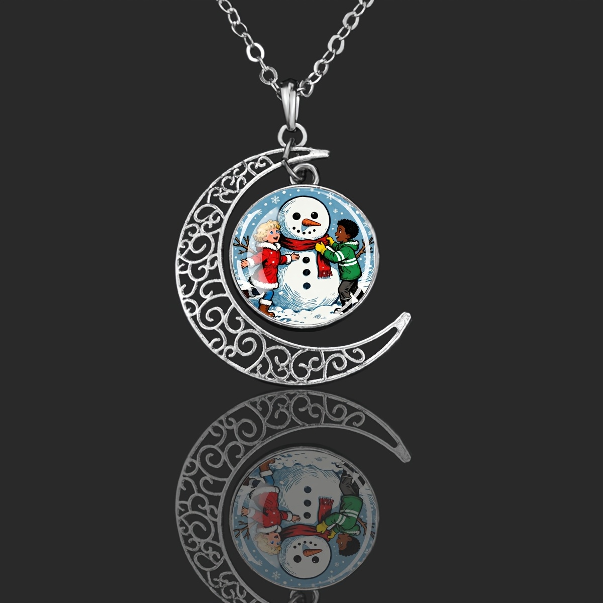 Women's Snowman Winter Scene Crescent Moon Necklace