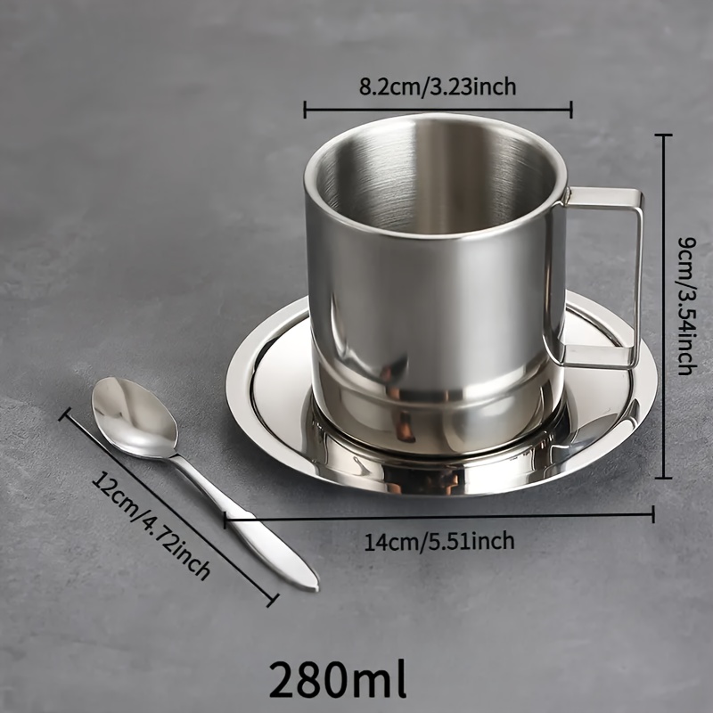 TEMU 1 Ensemble de tasses à thé en acier inoxydable 304 comprenant des cuillères et des soucoupes, idéal comme tasses à café et tasses à thé, parfait