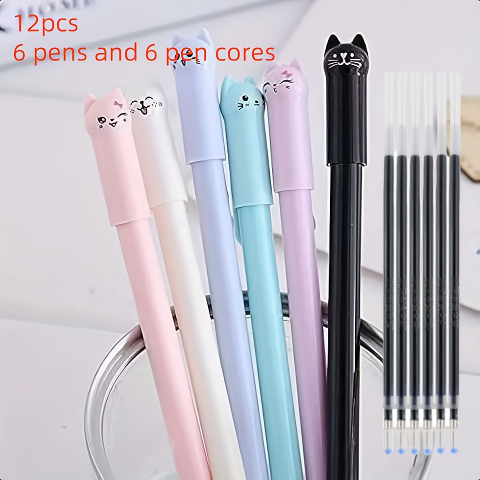 12pcs Cute Cat-shaped Gel Pens, Fine Point, Erasable Ink, Creative Cartoon Design, Pens, Suitable For Study And Office Use, Cat-shaped Pens, Ideal For Writing