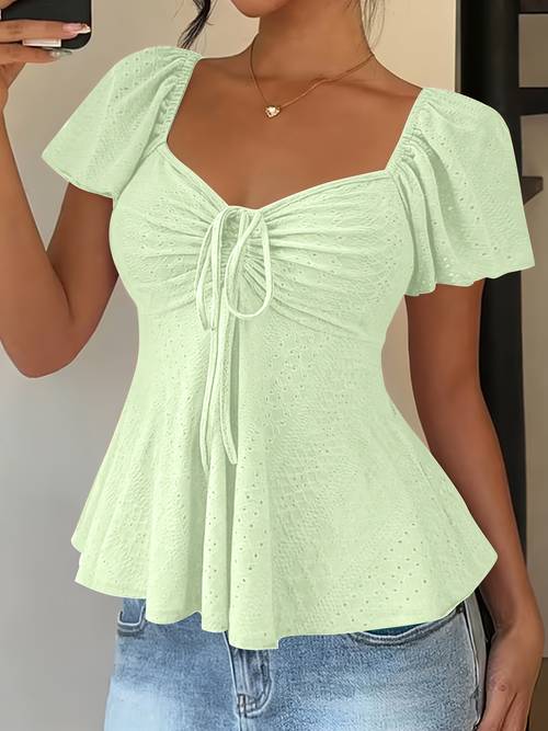 modisches elegantes y2 für frühling/sommer, neuheit, einfarbig, jacquard, bequem atmungsaktiv, mit v-ausschnitt, kordelzug kurzen ärmeln, damen-t-shirt