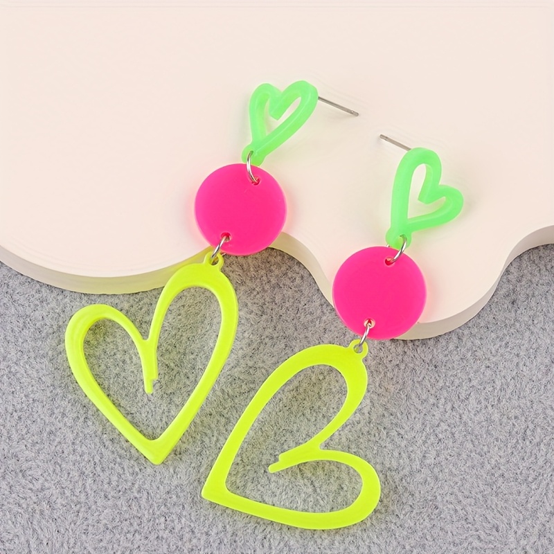 Image of Cross-border European And Long Irregular Heart Acrylic Stud Earrings, Fluorescent Color, Mother's Day Gift, Elegant Dangle Earrings For Women