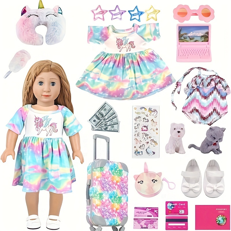 

18 Inch Travel Playset For American Dolls, 25 Pcs Doll Accessories Includes Luggage Unicorn Dress Swimsuit Bow Shoes And Plush Pets , Gifts For Kid Girls