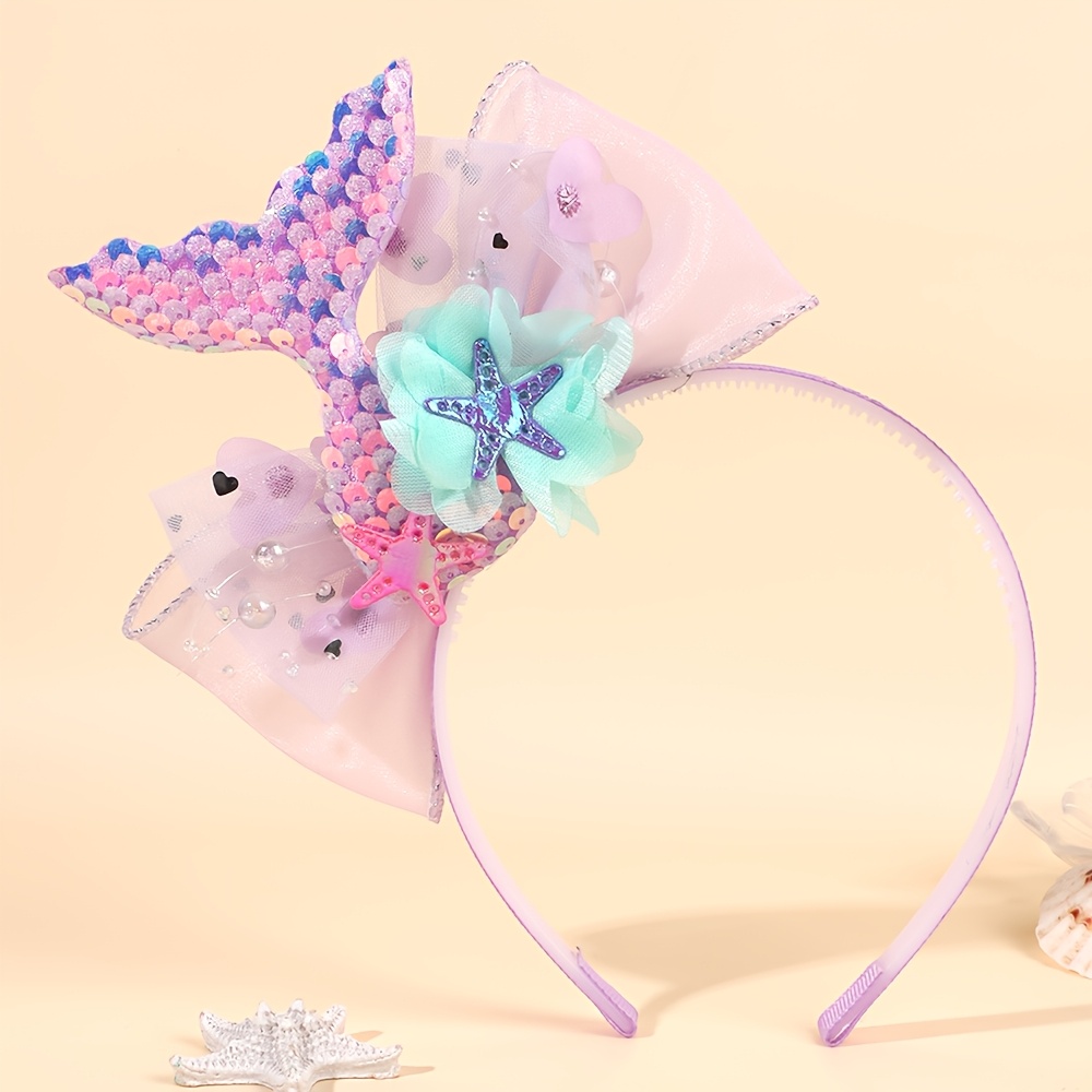 TEMU 1pc Cute Ocean Themed Headband With Mermaid Tail Tulle Bow And Starfish Embellishments For Women Versatile Hair Accessory For Everyday Use And