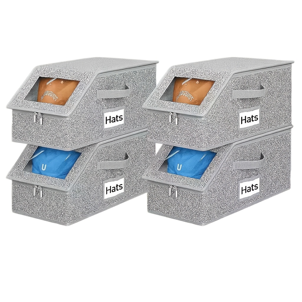 TEMU 4pcs Baseball Storage Box For, Thickened Non-woven Fabric Material, Grey, Stackable Storage Box For Clothes And Hats. Transparent, Box, Handles,