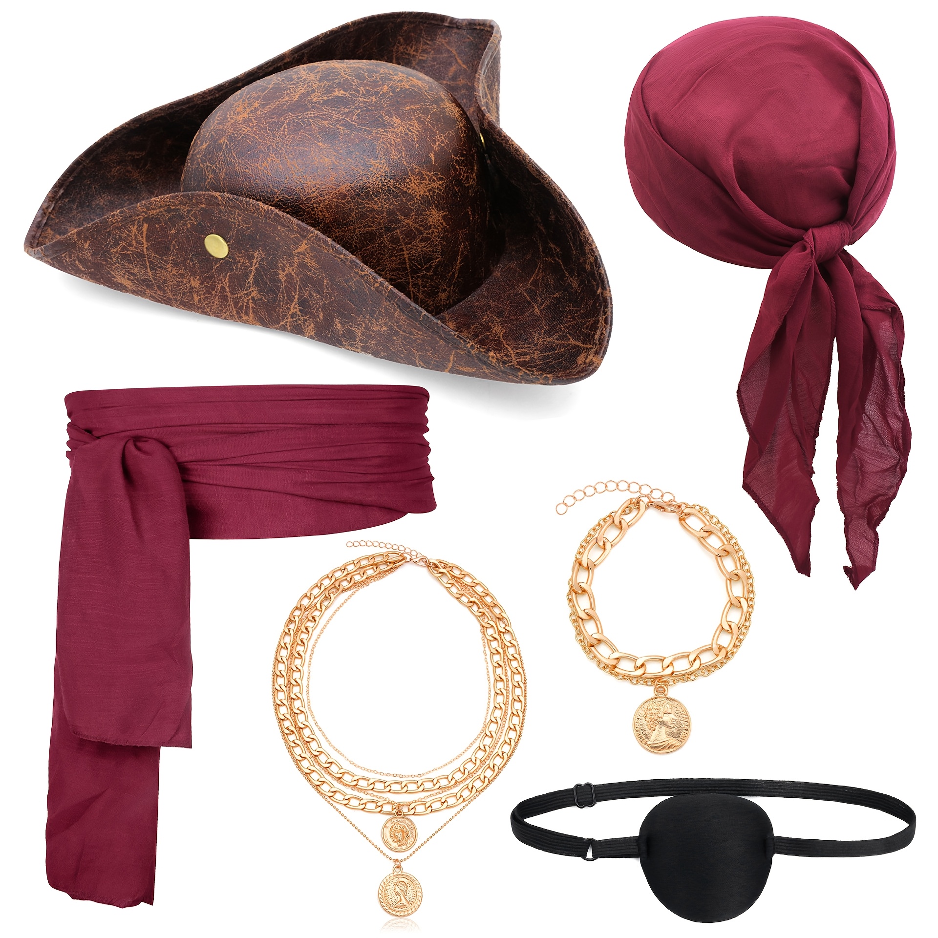 TEMU 6pcs Pirate Costume Set: Vintage Triangle Pirate Hat, Red Headscarf, Waist Sash, Necklace, And Eye Patch, Halloween Party And Masquerade Pirate