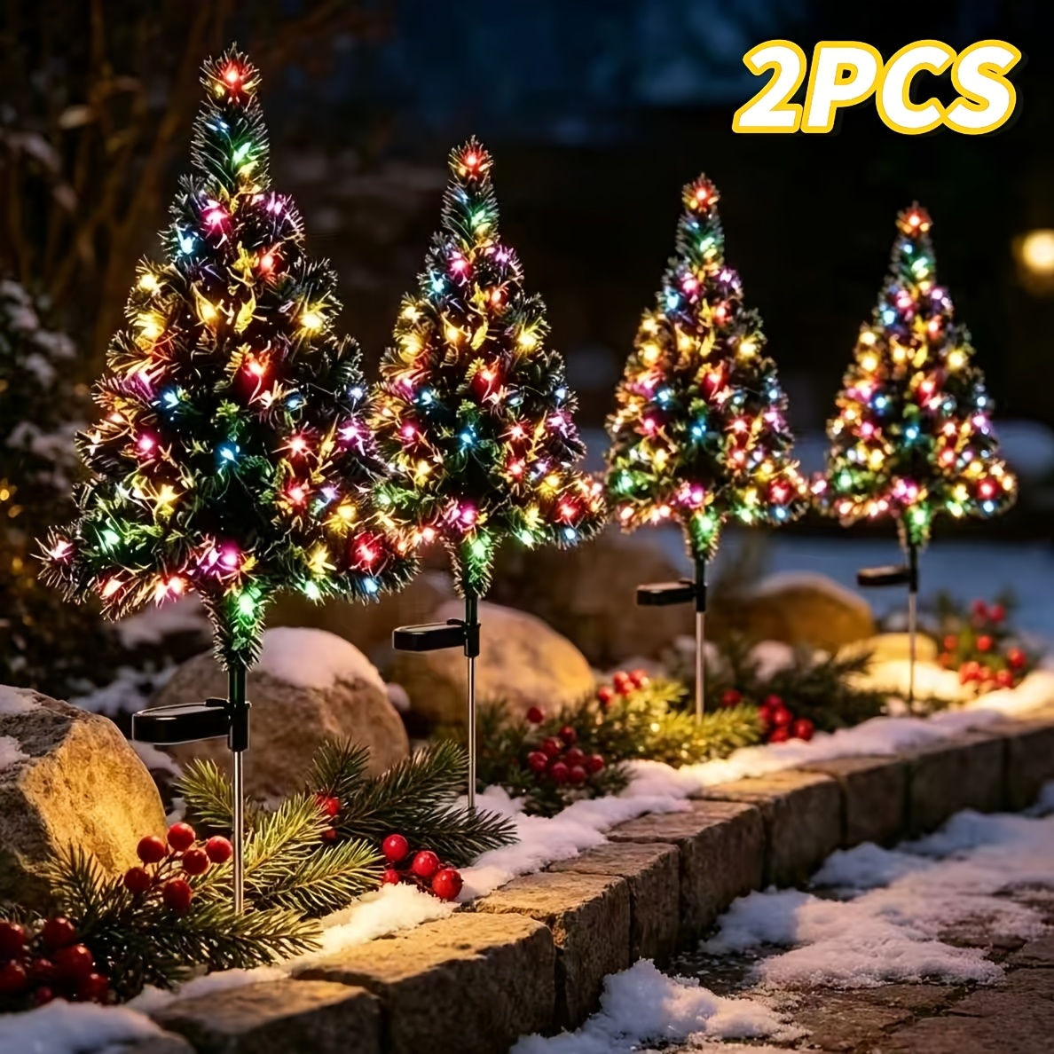 TEMU Lot de 2 de Noël solaires d'extérieur, colorées, piquets de sol allongés en acier inoxydable, décorations de Noël pour pelouse et terrasse,