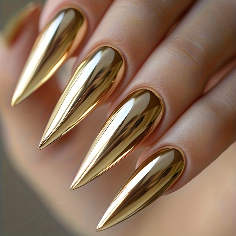 TEMU 24pcs Of Chinese Almond-shaped Fake Nails, Golden Plating Wearing Nail Design, Glitter Detachable Fake Nails