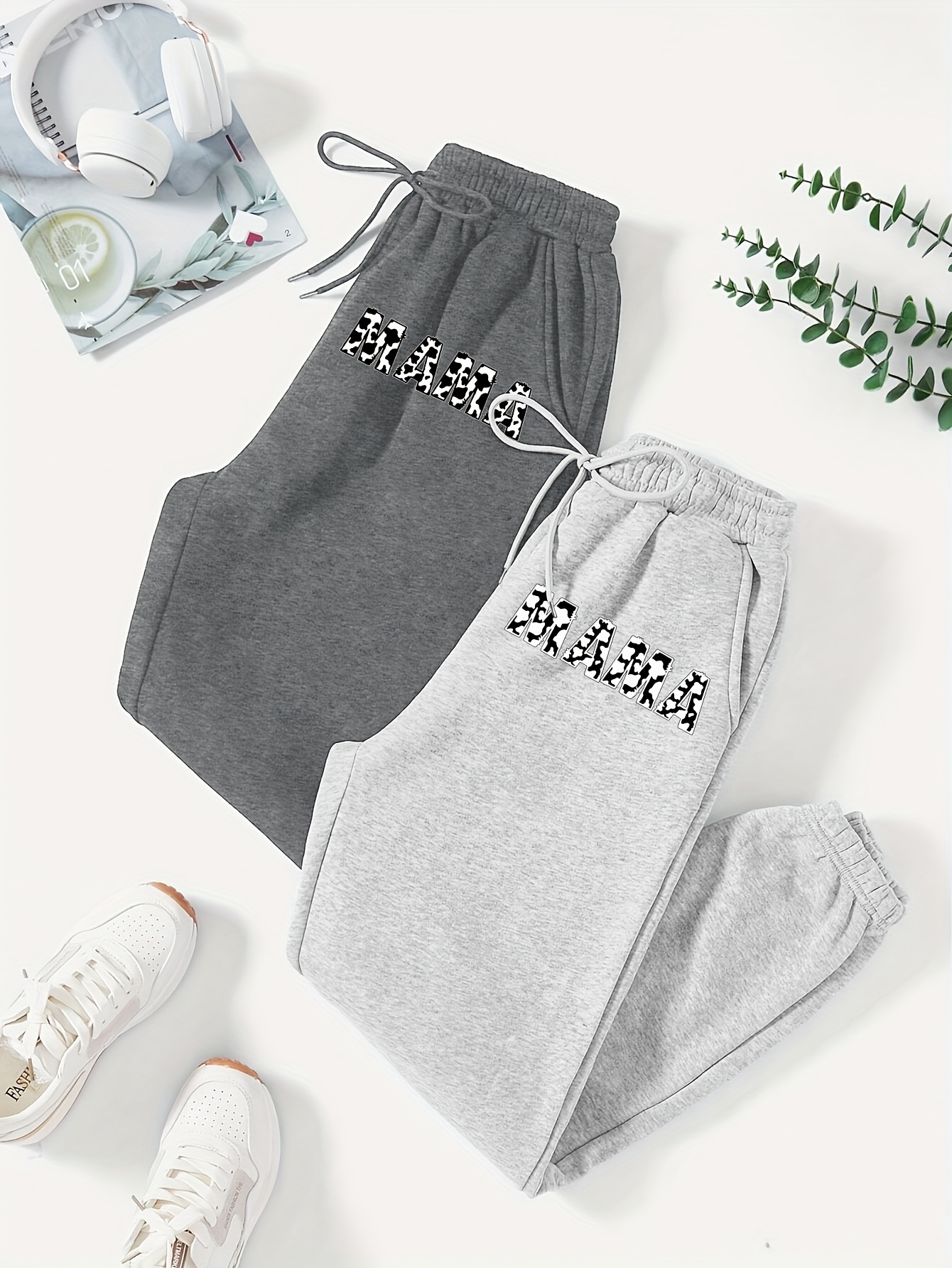 womens santa print joggers casual elastic waist sport pants lightweight polyester machine washable     with pockets