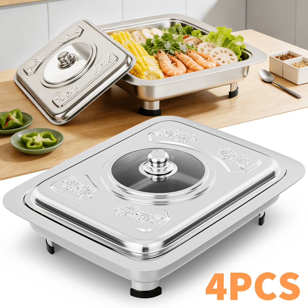TEMU Insulated Hot Pot Tray For Buffet, 4pcs - 33.5 X 27.5 X 9cm, Made Of 410 Stainless Steel. Features A New Lid And Delicate Base, Lightweight And
