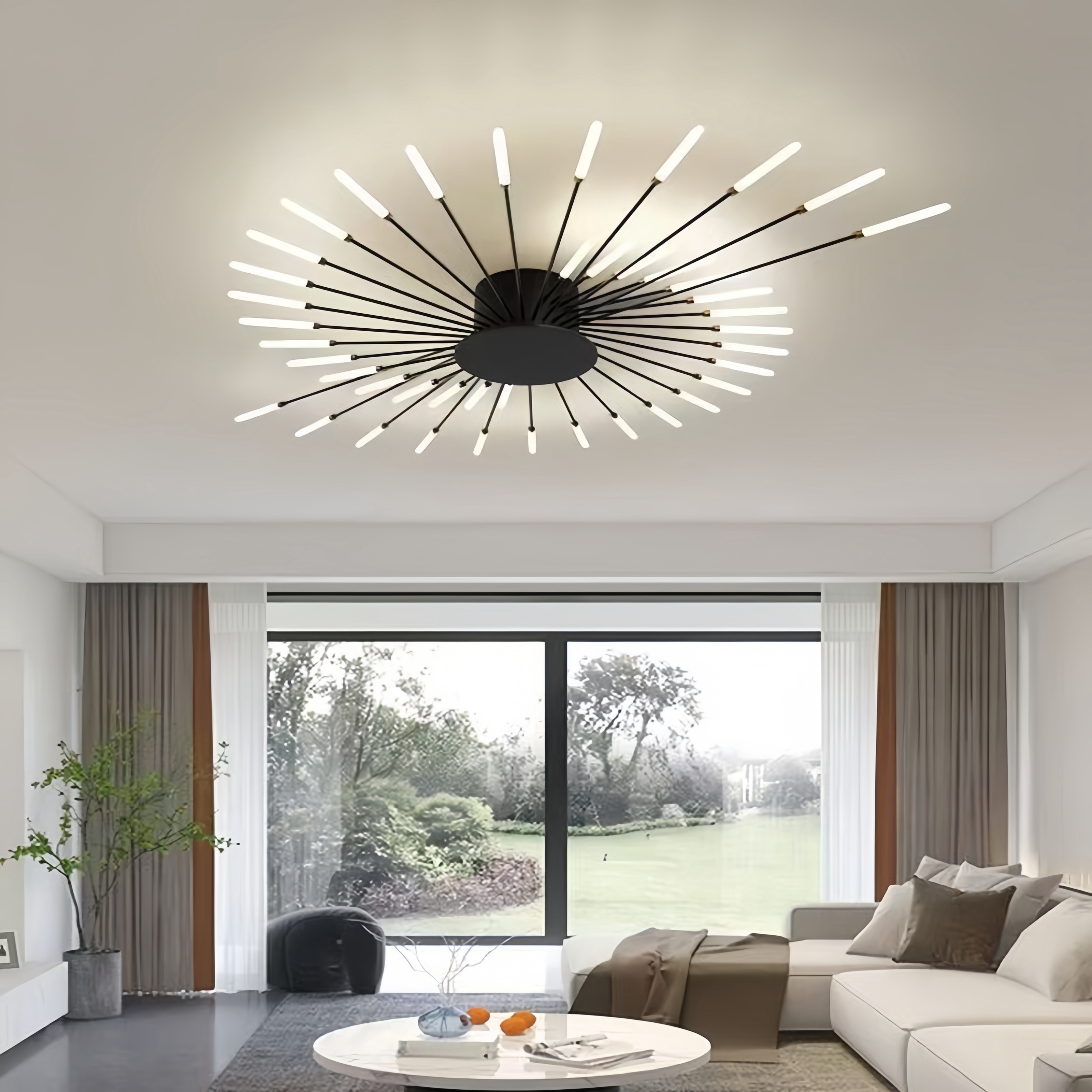 Modern Minimalist Warm White LED Ceiling Light with 42 Golden Firework Design - Sleek Metal Acrylic Fixture for Living Room, Dining Room, Bedroom - No Remote or Switch Included, Living Room Decor | Minimalist Light Fixture | Acrylic Diffuser