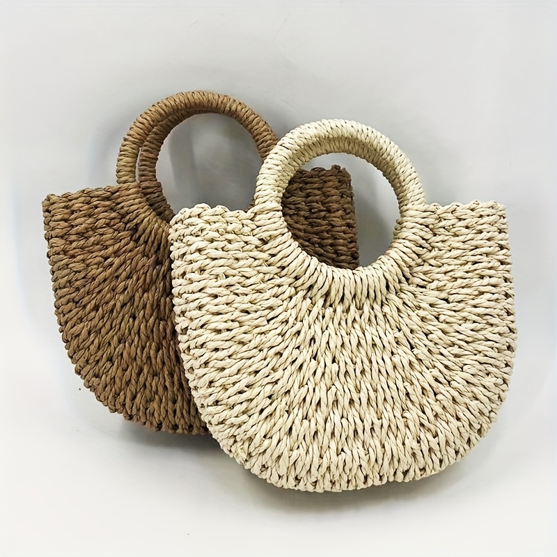 1pc Sac fourre en paille à Taille moyenne, rond, design en rotin  naturel, parfait pour la plage et les d'été, ouverture supérieure