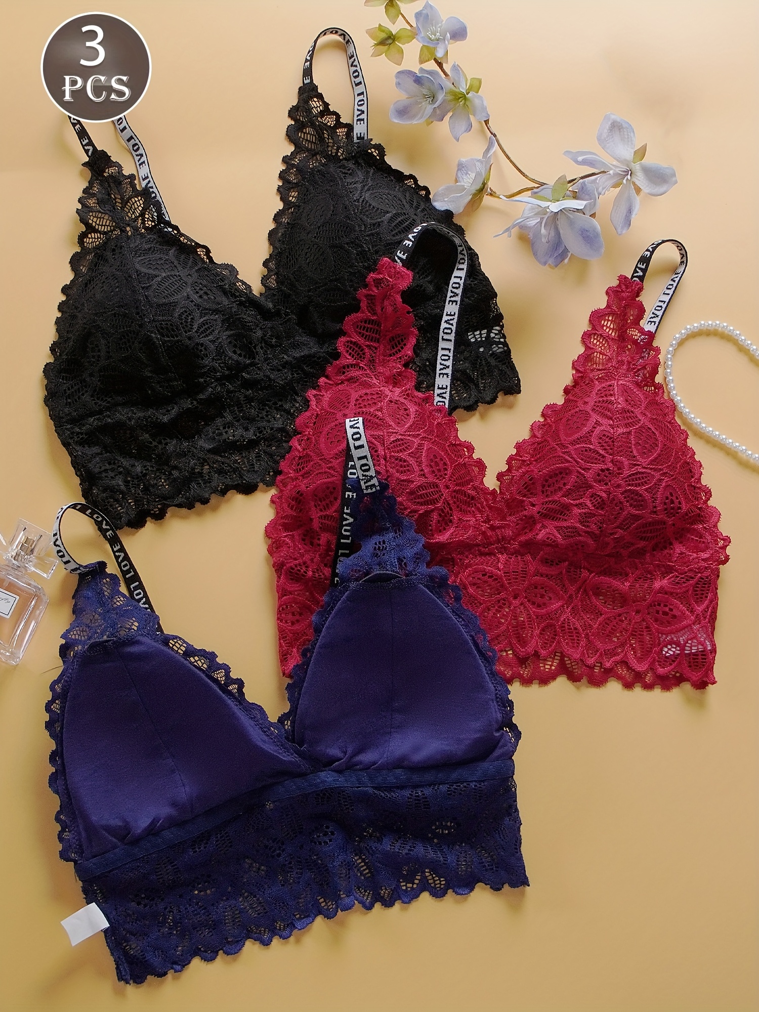 multi color free combination three piece female sexy wireless flower lace bra detachable pad love printed strap light underwear set details 4
