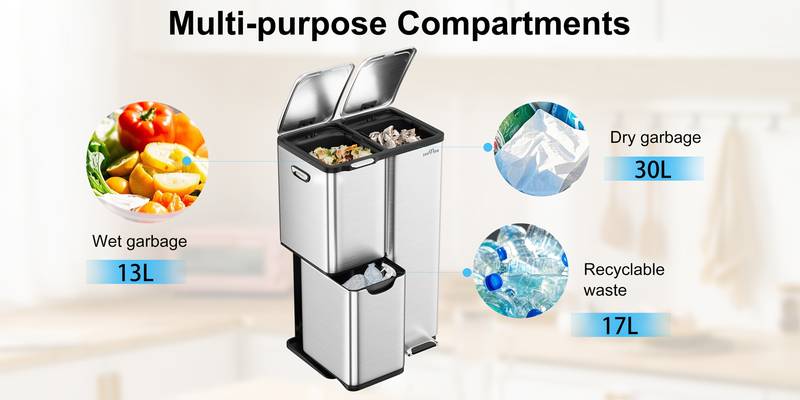Poubelle De Cuisine 36 L En Acier Inoxydable – 2 Bacs Séparés Sec/humide – Filtre Anti-odeurs – Design élégant