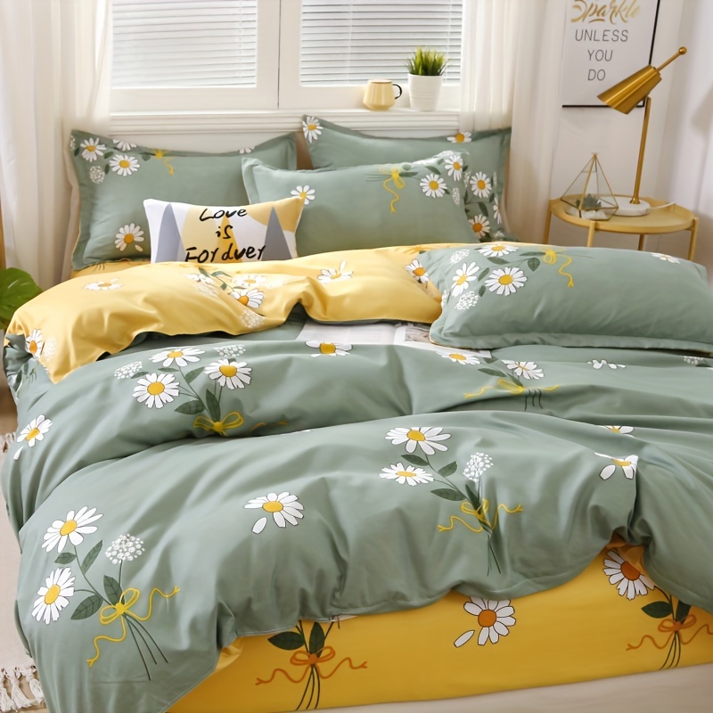 

Soft & Skin-friendly 4pcs Daisy Print Bedding Set - Includes Flat Sheet, Duvet Cover & 2 Pillowcases (no Insert), All , Machine Washable