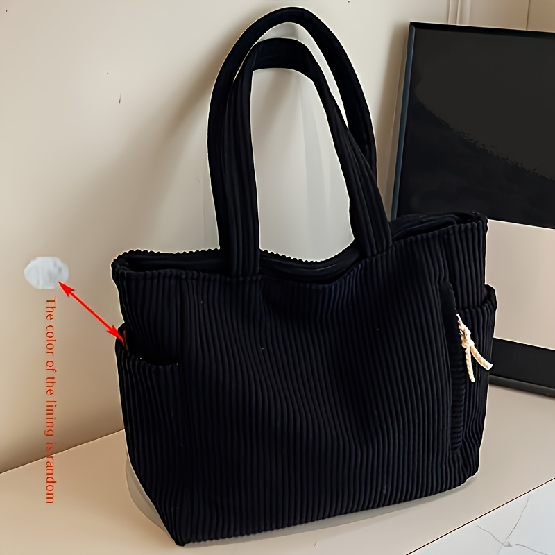 TEMU Women's Fashion Solid Color Corduroy Large Capacity Shoulder Bag, Easy Versatile Striped Tote Bag, Suitable For Work Handbag, Classic Square Bag